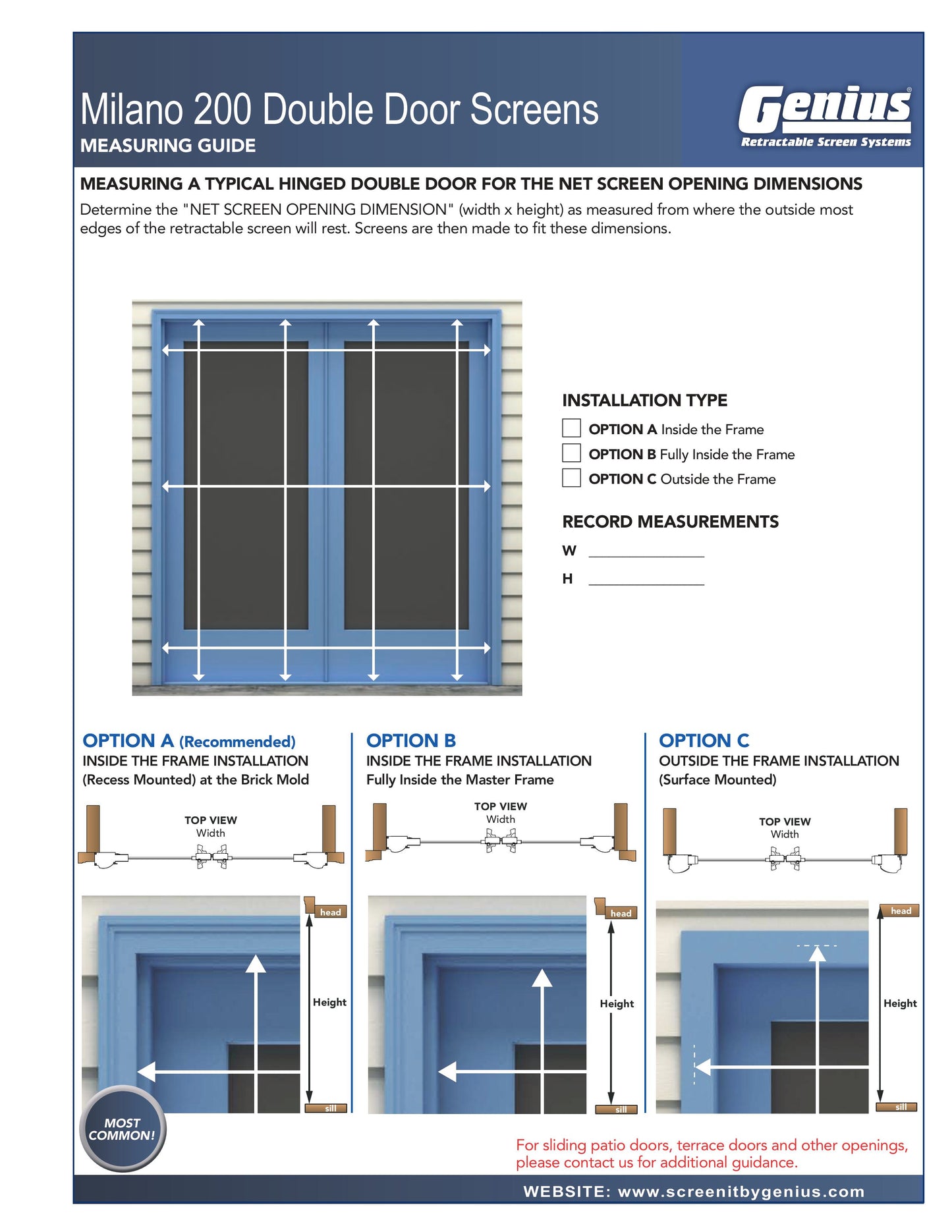 MILANO Series 200 Retractable Screen Door for Double/French Door Opening (24” - 108” Wide)