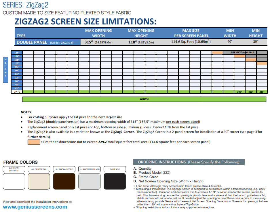 Genius Zig Zag 2 Double-Panel Center-Latching Retractable Screen (72-315"W x 42-118"H) SUBMIT MEASUREMENTS FOR PRICING